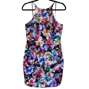 Black Halo Multicolored Floral Print High Neck Sleeveless Structured Mini Dress